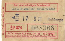 Ticket - Berlin U-Bahn - Rehberge (BVG - Ca. 1965) - Europe