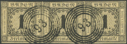 BADEN 1a O, 1851, 1 Kr. Schwarz Auf Sämisch Im Waagerechten Dreierstreifen Mit Nummernstempel 93 (MOSBACH), Fotoattest P - Oblitérés