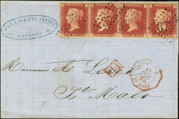 GC 3734 (Saint Malo) / GB 1 Penny, Bande De 4 Sur Lettre Avec Texte Daté De Jersey Le 15 Octobre 1864 Pour Saint Malo. A - Marques D'entrées