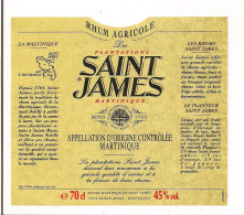 Etiquette  RHUM  Agricole  SAINT JAMES - MARTINIQUE  -  Appellation D'origine Contrôlee -  45° 70cl - - Rum