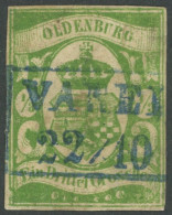 OLDENBURG 10b O, 1861, 1/3 Gr. Moosgrün, Zentrischer Blauer R2 VAREL, Allseits Vollrandig, Feinst (kleine Mängel), Fotoa - Oldenburg