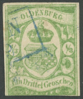 OLDENBURG 10a O, 1861, 1/3 Gr. Blaugrün, Blauer R2 APEN, Unten Leicht Angeschnitten Sonst Pracht, Kurzbefund Stegmüller, - Oldenbourg