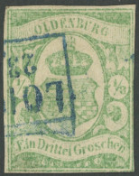 OLDENBURG 10a O, 1861, 1/3 Gr. Blaugrün, Blauer R2 LOHNE, Rechts Berührt Und Kleiner Randspalt, Fotobefund Berger, Mi. 1 - Oldenbourg