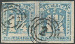 HAMBURG 8g  Paar O, 1864, 11/4 S. Stumpfblau Im Waagerechten Voll-breitrandigen Paar, Rückseitig Große Dünne Stelle, Fot - Hamburg