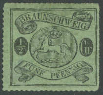 BRAUNSCHWEIG 10B *, 1864, 1/2 Gr. Schwarz Auf Lebhaftgraugrün, Bogenförmig Durchstochen 16, Falzreste, Pracht, Fotoattes - Brunswick