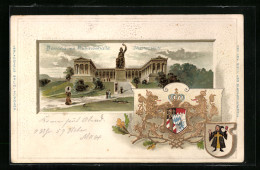 Passepartout-Lithographie München, Bavaria Mit Ruhmeshalle Und Wappen  - Autres & Non Classés