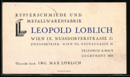 Vertreterkarte Wien, Kupferschmiede Und Metallwarenfabrik, Leopold Löblich, Nussdorferstrasse 21  - Non Classés