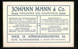 Vertreterkarte Wien, Tapezier Und Dekoratuer, Johann Mann & Co., Währingergürtel 88  - Sin Clasificación