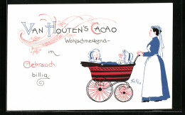 Vertreterkarte Van Houten`s Cacao, Kindermädchen Mit Kinderwagen, Nach F. Schön  - Non Classés