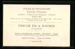 Vertreterkarte Geneve, Atelier De Photographie, Emil Pricam, Pricam Fils & Hauser, 2 Boulevard De Plainpalais  - Sin Clasificación
