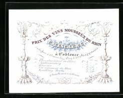 Vertreterkarte Coblence, Prix Des Vins Mousseux Du Rhin De C. Tesche & Cie.  - Non Classés