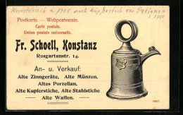 Vertreterkarte Konstanz, Firma Fr. Schoell, Rosgartenstr. 14, Zinngeräte, Alte Münznen & Porzellan, Kupferstiche  - Sin Clasificación