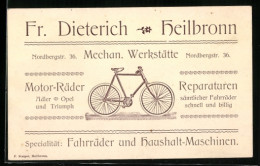 Vertreterkarte Heilbronn, Firma Fr. Dieterich, Mechan. Werkstätte, Nordbergstr. 36, Motor-Räder, Fahrräder  - Non Classés