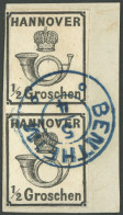 HANNOVER 17y  Paar BrfStk, 1860, 1/2 Gr. Schwarz Im Senkrechten Paar, Blauer K2 BENTHEIM, Repariert Wie Pracht, Fotobefu - Hanovre