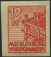 MECKLENBURG-VORPOMMERN 36yeU **, 1946, 12 Pf. Orangerot, Graues Papier, Ungezähnt, Pracht, Gepr. Kramp, Mi. 120.- - Autres & Non Classés