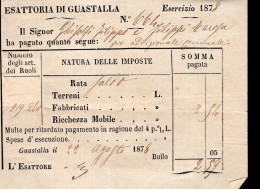 Regno D'Italia - 1881 - Ricevuta Esattoriale (Guastalla) Con Marca Da Bollo Al Verso - Fiscale Zegels