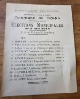 Elections   Municipales   Du 5 Mai 1912 Commune De Trans Liste Républicaine Ille & Vilaine - Historical Documents