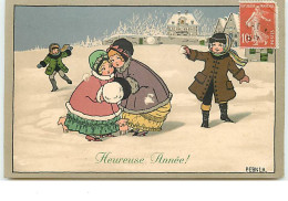 N°14065 - P. Ebner - MM Vienne N°608 - Heureuse Année - Garçons Lançant Des Boules De Neiges Sur Des Fillettes - Ebner, Pauli