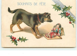 N°10839 - Carte Fantaisie Gaufrée - Souhaits De Fête - Chien Et Poupée Japonaise - Other & Unclassified