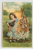 N°3244 - Carte Gaufree - Best Easter Wishes - Fillette Avec Une Poule - Brouette De Muguet - Pâques