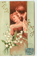 N°17589 - Carte Gaufrée - Homme Chuchotant à L'oreille D'une Jeune Femme - Brins De Muguet - Autres & Non Classés