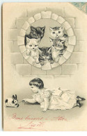 N°17595 - Carte Gaufrée - Fillette Jouant Avec Un Lapin, Sous Le Regard De Chats - Katzen