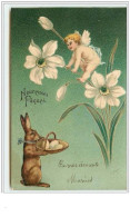 N°3195 - Carte Gaufree - Clapsaddle - Angelot Sur Une Fleur Blanche - Lapin Avec Des Oeufs - Pâques