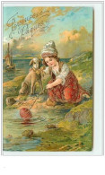 N°3128 - Carte Gaufree - Joyeuses Paques - Jeune Fille Avec Un Agneau En Bord De Mer - Pâques