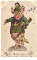 N°16420 - Carte Avec Un  Chromo - 1er Avril - Un Cochon Habillé, Portant Des Médailles Et Un Fusil - Erster April