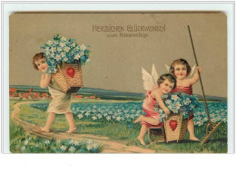 N°3330 - Carte Gaufree - Angelots Cueillant Des Myosotis - Anges