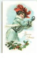 N°16433 - Carte Gaufrée - Bonne Année - Jeune Femme Avec Une Boule De Neige - Nouvel An