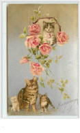 N°3541 - Fond Argent - Chats Et Roses - Katzen