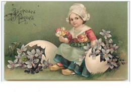 N°3487 - Carte Gaufree - Joyeuses Paques - Fillette Hollandaise Et Oeufs Avec Des Fleurs - Pâques