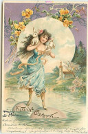 N°12969 - Carte Gaufrée - Fröhliche Ostern - Jeune Femme Portant Des Lapins - Pâques