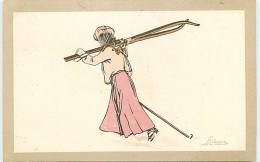 N°14017 - Pellegrini - Jeune Femme Portant Ses Skis - Autres & Non Classés