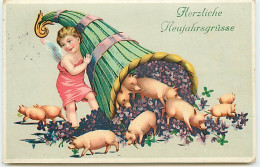 N°14027 - Herzliche Neujahrsgrusse - Ange Vidant Une Corne D'abondance Remplie De Fleurs Et De Cochons - Nouvel An