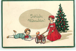 N°18617 - Carte Gaufrée - Fröhliche Weihnachten - Fillette Et Garçon Près D'un Sapin - Other & Unclassified