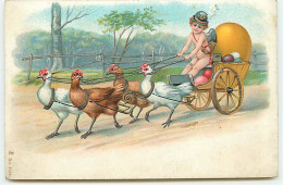 N°18632 - Pâques - Ange Conduisant Une Charette Remplie D'oeufs Et Tirée Par Des Poules - Ostern