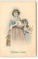 N°18636 - MM Vienne N°350 - Pâques - Fröhliche Ostern - Jeune Fille Et Une Fillette, Avec Un Lièvre à Côté D'elle - Ostern