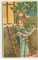 N°18538 - Carte Gaufrée - Fröhe Weihnachten - Ange Apportant Un Sapin Près D'une échelle - Other & Unclassified