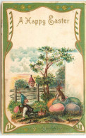 N°16374 - Carte Gaufrée - A Happy Easter - Lutins Regardant Un Lièvre Assis Sur Des Oeufs Dans Un Jardin - Pâques
