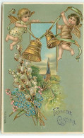 N°9871 - Carte Fantaisie Gaufrée - Fröhliche Ostern - Angelots Et Cloche - Easter