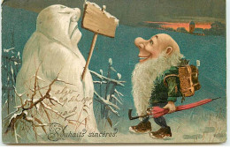 N°10800- Carte Fantaisie Gaufrée - Bonhomme De Neige Et Nain, Gnome. - Autres & Non Classés