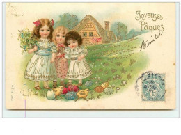 N°344 - Carte Gaufrée - Joyeuses Pâques - Fillettes Devant Des Oeufs - Easter