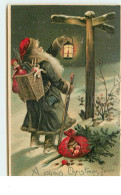 N°15431 - Carte Gaufrée - A Joyous Christmas - Père Noël Regardant Un Panneau Pour S'orienter - Santa Claus