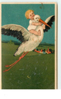 N°15449 - Carte Gaufrée - Flatscher - Bébé à Califourchon Sur Le Dos D'une Cigogne - Babies