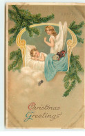 N°16482 - Carte Gaufrée - Christmas Greetings - Ange Gardien Veillant Sur Un Enfant Endormi - Altri & Non Classificati