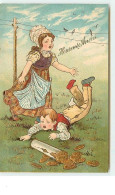 N°11938 - Carte Gaufrée - Heureuse Année - Garçon Tombant En Ramassant Des Pièces D'or - Nouvel An
