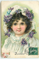N°23047 - Carte Gaufrée - Bonheur - Portrait D'une Jeune Fille Avec Des Violettes Dans Les Cheveux - Other & Unclassified