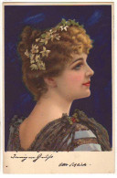 N°23004 - Fantaisie - Jeune Femme De Profil, Avec Des Fleurs Dans Les Cheveux - Carte Avec Paillettes - Femmes